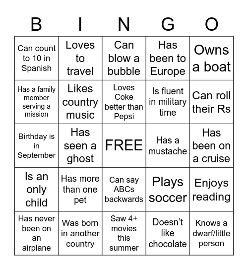 Get to Know You Bingo Card