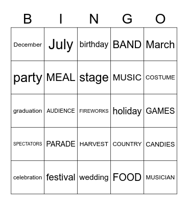 SPECIAL DATES : VOCABULARY Bingo Card