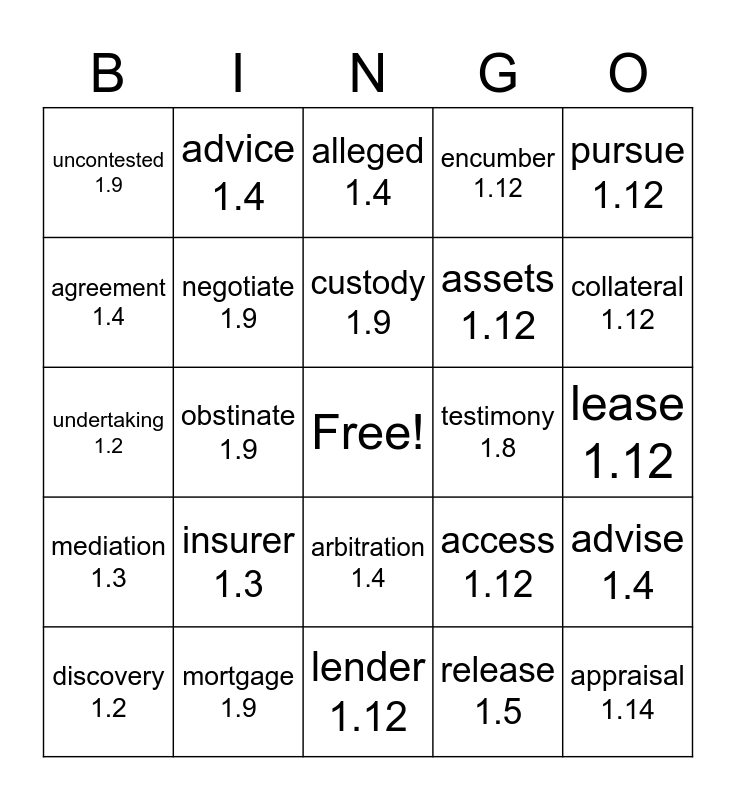 Legal Transcription - Intro Bingo Card