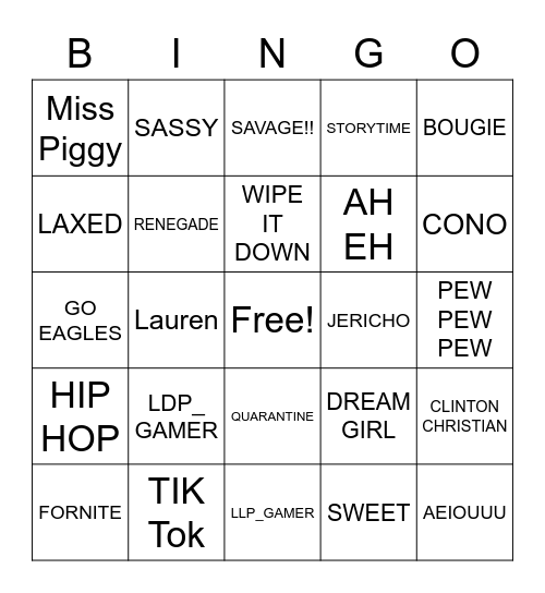 TIK Tok Bingo Card