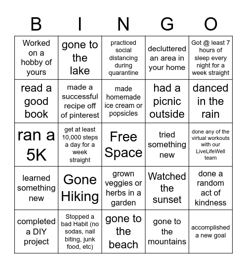 Wesley Long Summer Fun Bingo Challenge Bingo Card