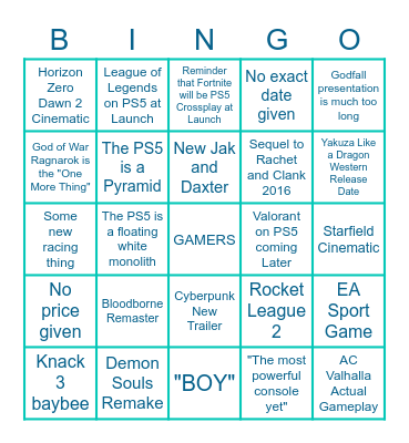 PS5 Reveal Event Bingo Card
