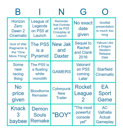 PS5 Reveal Event Bingo Card