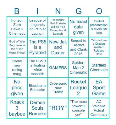 PS5 Reveal Event Bingo Card