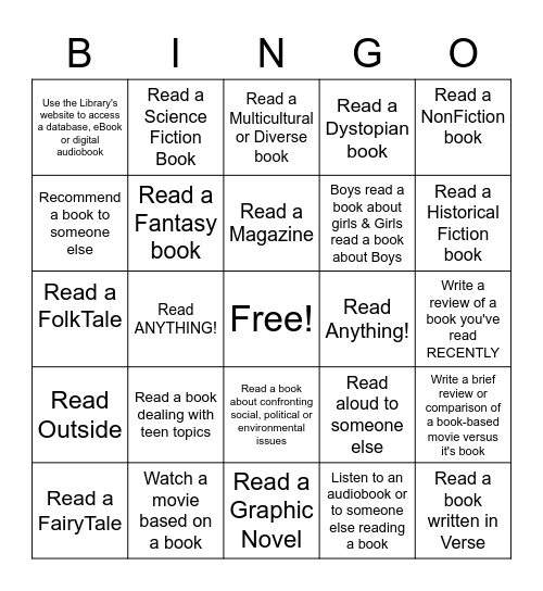 2020 YA/Teen SRP Bingo Card