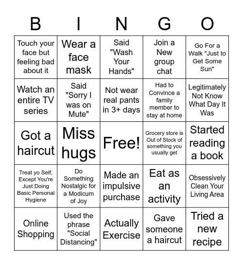 Quarantine BINGO Card