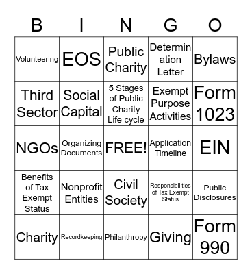Nonprofit Organization Bingo Card