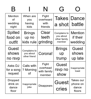 Wedding Guest Bingo Card