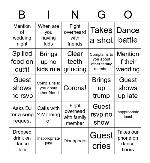 Wedding Guest Bingo Card