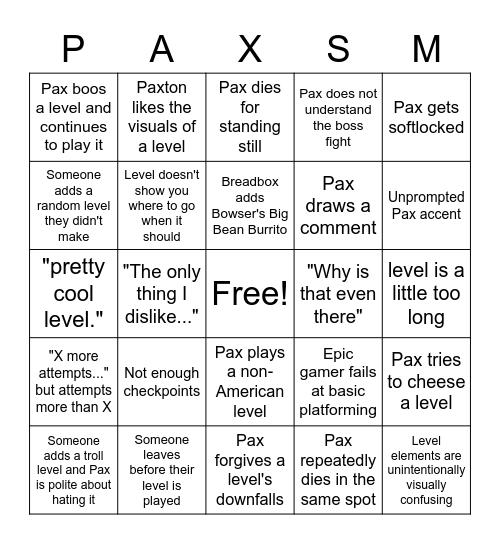 Paxsman Mario Maker Bingo Card
