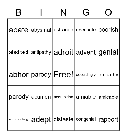 SAT words, Leo's Bingo Card Bingo Card