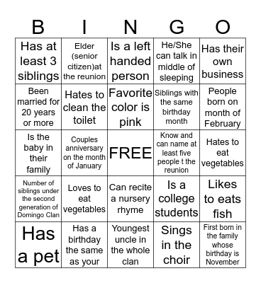 DOMINGO FAMILY REUNION 2014 Bingo Card