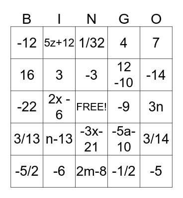 Algebra Total Recall Bingo Card