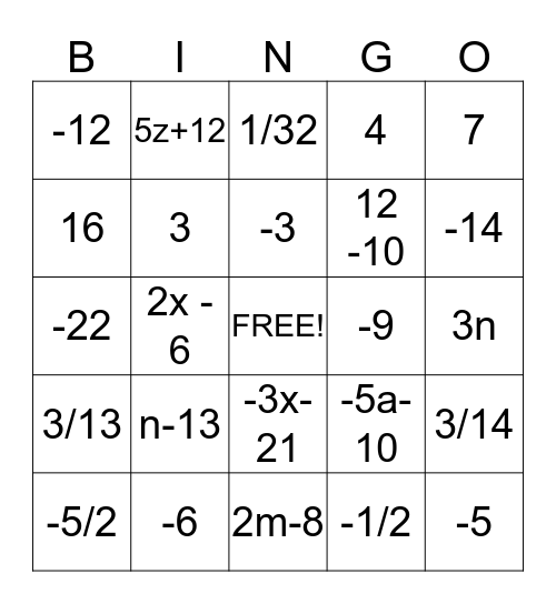 Algebra Total Recall Bingo Card