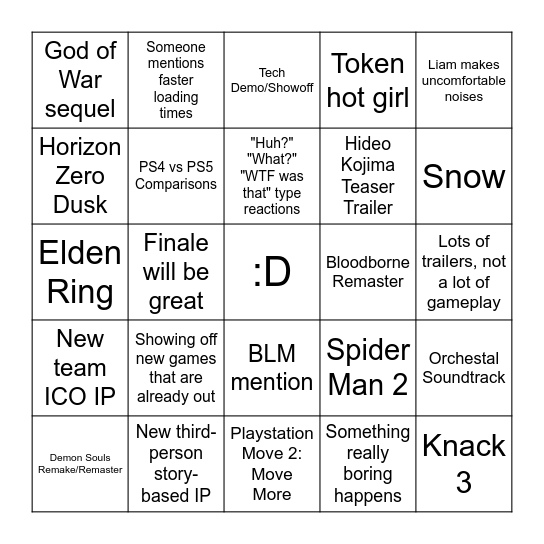 PS5 Event Bingo Card