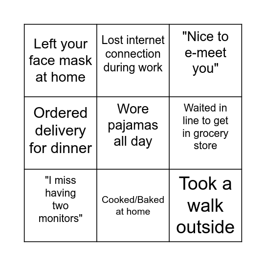 Pandemic Bingo Card