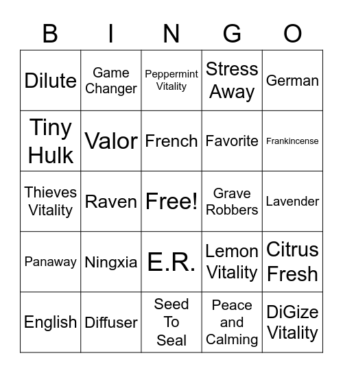 Essential Oils 101 Bingo Card