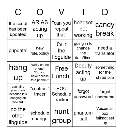 Contact Tracer Bingo Card