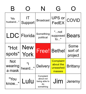 BONGO Bingo Card