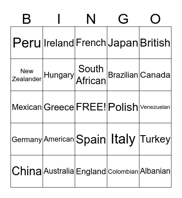 Countries and Nationalities Bingo Card