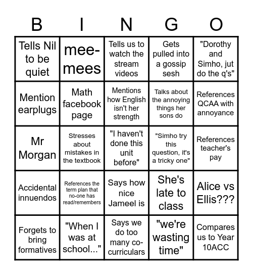 Mrs Lange Bingo Card