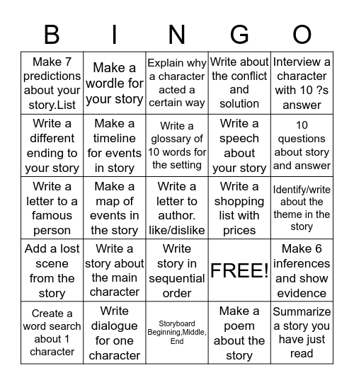 Reading/Writing Bingo Card
