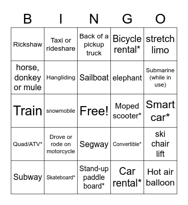 Travel Bingo part II (forms of transportation) Bingo Card