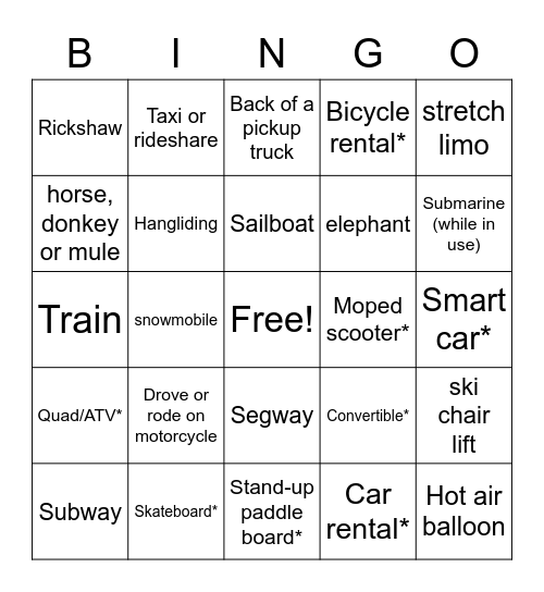 Travel Bingo part II (forms of transportation) Bingo Card