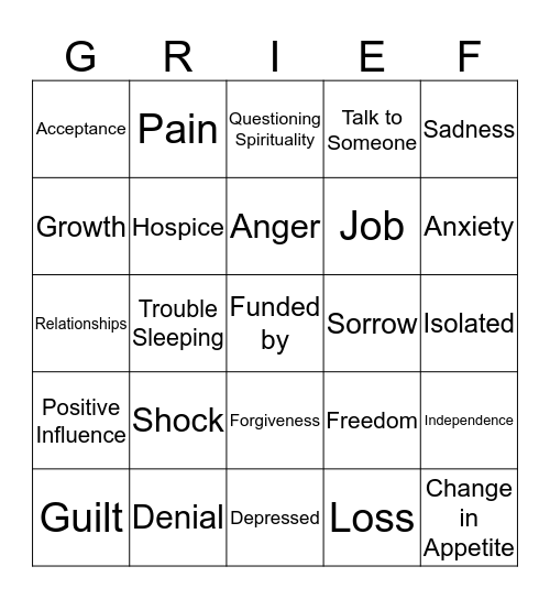 Good Grief Bingo  Bingo Card