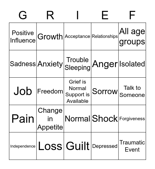 Good Grief Bingo  Bingo Card