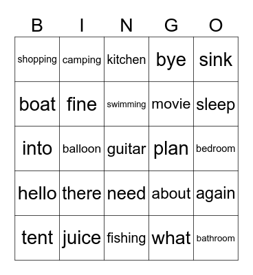 Lesson Four: Let's Go Camping! Bingo Card