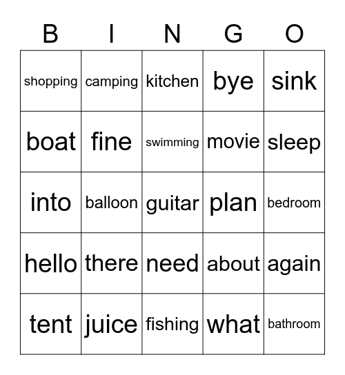 Lesson Four: Let's Go Camping! Bingo Card