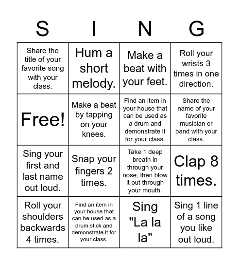 Sing Music Bingo Card