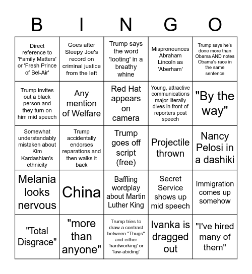Trump Race Relations Speech Disaster Bingo Card