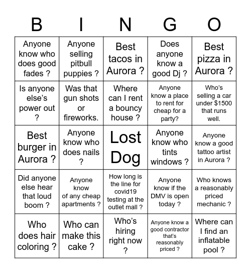 What’s Happening In Aurora,IL Bingo Card