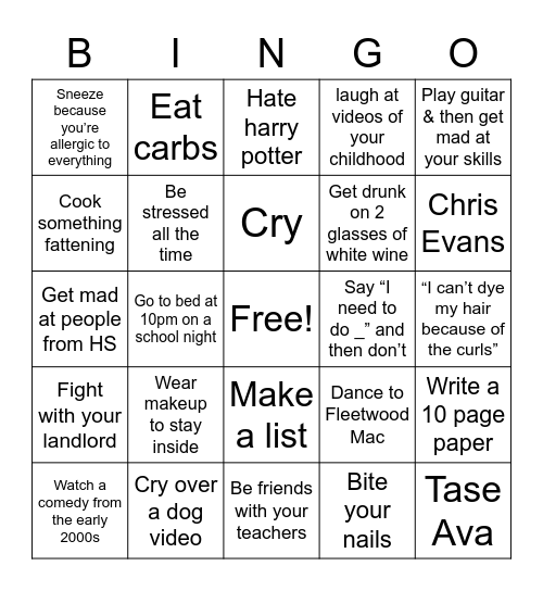 “How to be Amanda” Bingo Card