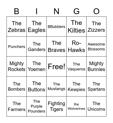 School Mascots Bingo Card