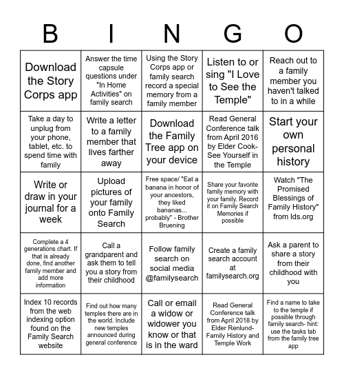 Family History and Temple Bingo! Bingo Card