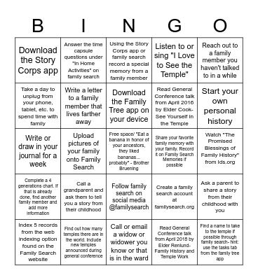 Family History and Temple Bingo! Bingo Card
