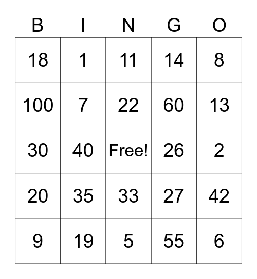 Math! Bingo! Bingo Card