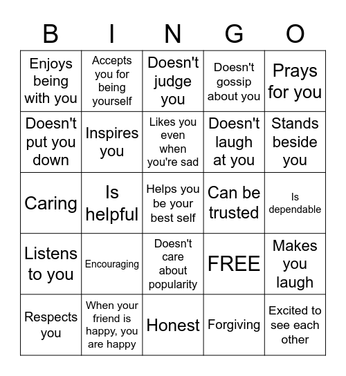 A Friend: Bingo Card