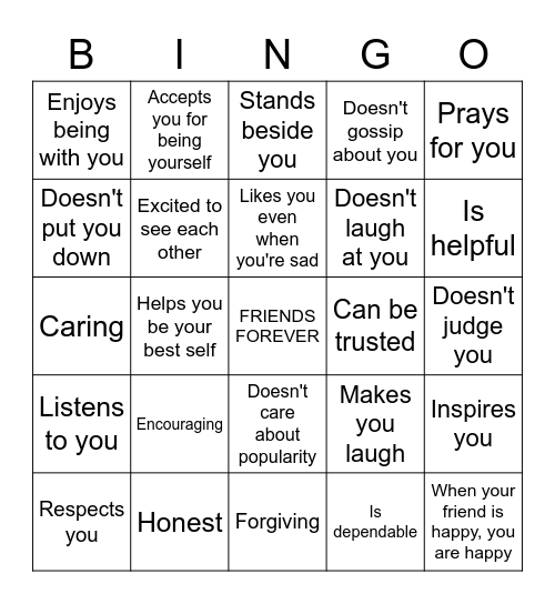 A Friend: Bingo Card