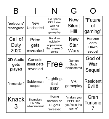 PS5 Reveal Bingo Card