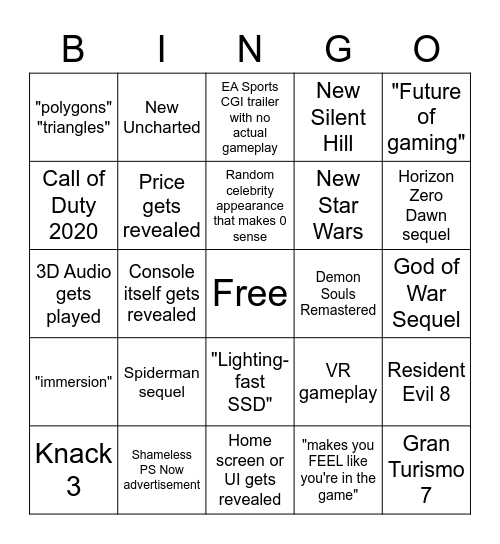 PS5 Reveal Bingo Card