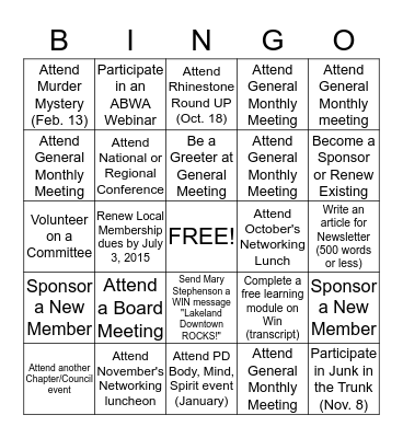 Lakeland Downtown R & D Bingo - Actions to be completed Oct. 1, 2014 - July, 3 2015.  Prize:  $100 for Winner Bingo Card
