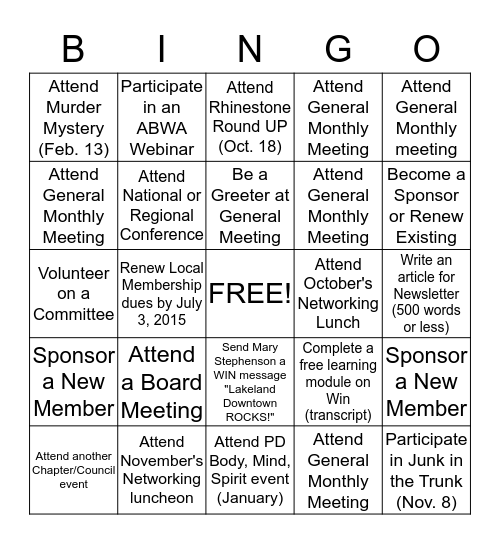 Lakeland Downtown R & D Bingo - Actions to be completed Oct. 1, 2014 - July, 3 2015.  Prize:  $100 for Winner Bingo Card