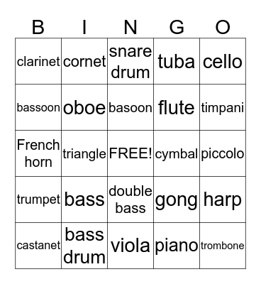 Instruments of the Orchestra Bingo Card Bingo Card