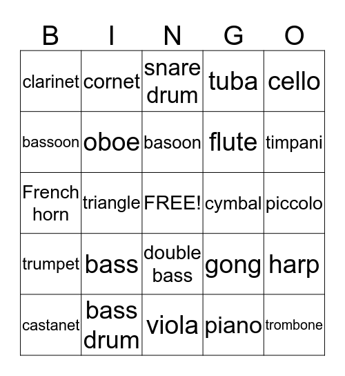 Instruments of the Orchestra Bingo Card Bingo Card