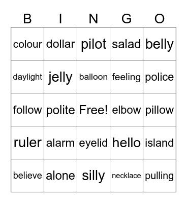 L sound Bingo Card