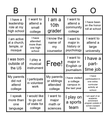 College Bound Bingo Card